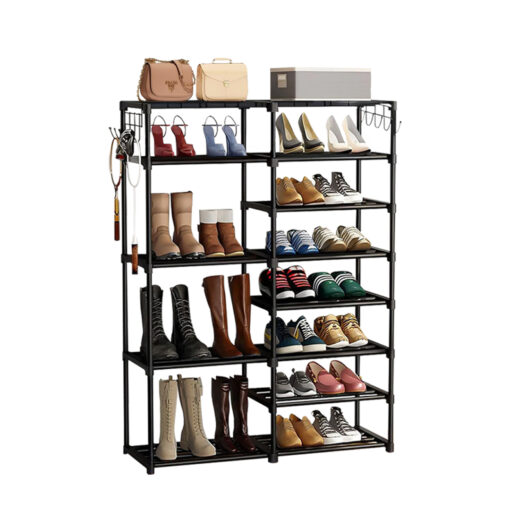 1-SOGA 12-Shelf Tier Shoe Storage Shelf Space-Saving Caddy Rack Organiser with Side Hooks Black