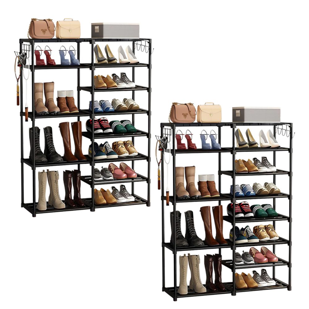 1-SOGA 2X 12-Shelf Tier Shoe Storage Shelf Space-Saving Caddy Rack Organiser with Side Hooks Black