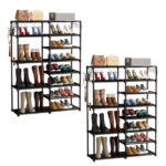 1-SOGA 2X 12-Shelf Tier Shoe Storage Shelf Space-Saving Caddy Rack Organiser with Side Hooks Black
