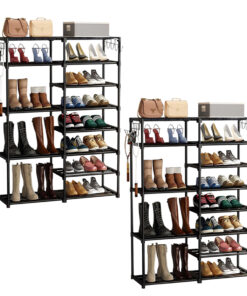 1-SOGA 2X 12-Shelf Tier Shoe Storage Shelf Space-Saving Caddy Rack Organiser with Side Hooks Black