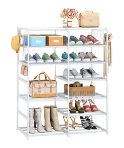 1-SOGA 12-Shelf Tier Shoe Storage Shelf Space-Saving Caddy Rack Organiser with Side Hooks White