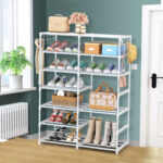 4-SOGA 12-Shelf Tier Shoe Storage Shelf Space-Saving Caddy Rack Organiser with Side Hooks White