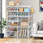 7-SOGA 12-Shelf Tier Shoe Storage Shelf Space-Saving Caddy Rack Organiser with Side Hooks White