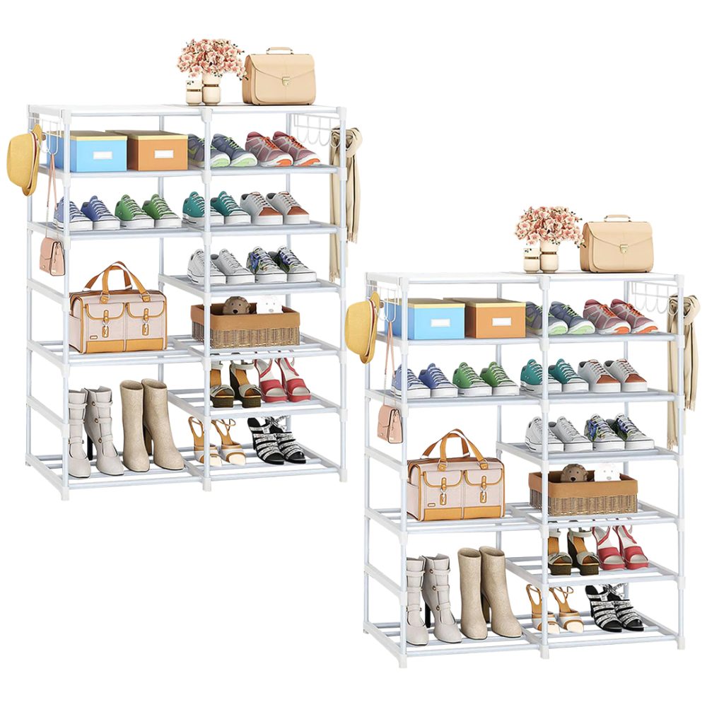 1-SOGA 2X 12-Shelf Tier Shoe Storage Shelf Space-Saving Caddy Rack Organiser with Side Hooks White