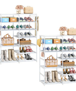 1-SOGA 2X 12-Shelf Tier Shoe Storage Shelf Space-Saving Caddy Rack Organiser with Side Hooks White