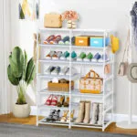 5-SOGA 2X 12-Shelf Tier Shoe Storage Shelf Space-Saving Caddy Rack Organiser with Side Hooks White