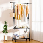 3-SOGA 2-in-1 Organiser Clothes Shoe Rack Space-Saving Triangular Storage with Wheels Black