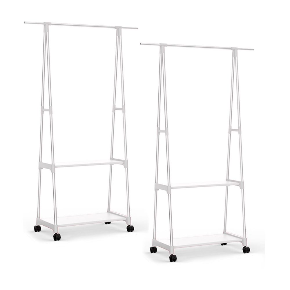 1-SOGA 2X 2-in-1 Organiser Clothes Shoe Rack Space-Saving Triangular Storage with Wheels White