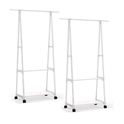 1-SOGA 2X 2-in-1 Organiser Clothes Shoe Rack Space-Saving Triangular Storage with Wheels White