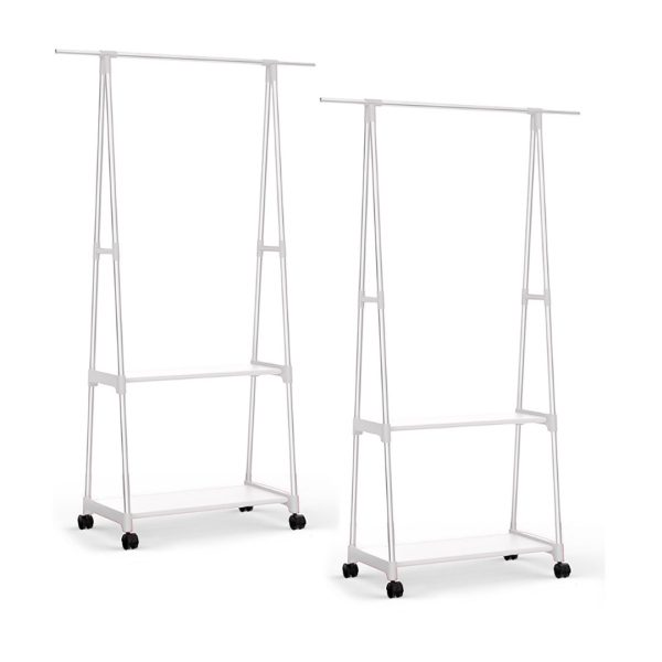 1-SOGA 2X 2-in-1 Organiser Clothes Shoe Rack Space-Saving Triangular Storage with Wheels White
