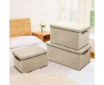 3-SOGA Medium Beige Non-Woven Diamond Quilt Grid Fabric Storage/Organizer Box