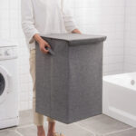 2-SOGA Grey Medium Collapsible Laundry Hamper Storage Box Foldable Canvas Basket Home Organiser Decor