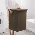 2-SOGA Coffee Medium Collapsible Laundry Hamper Storage Box Foldable Canvas Basket Home Organiser Decor