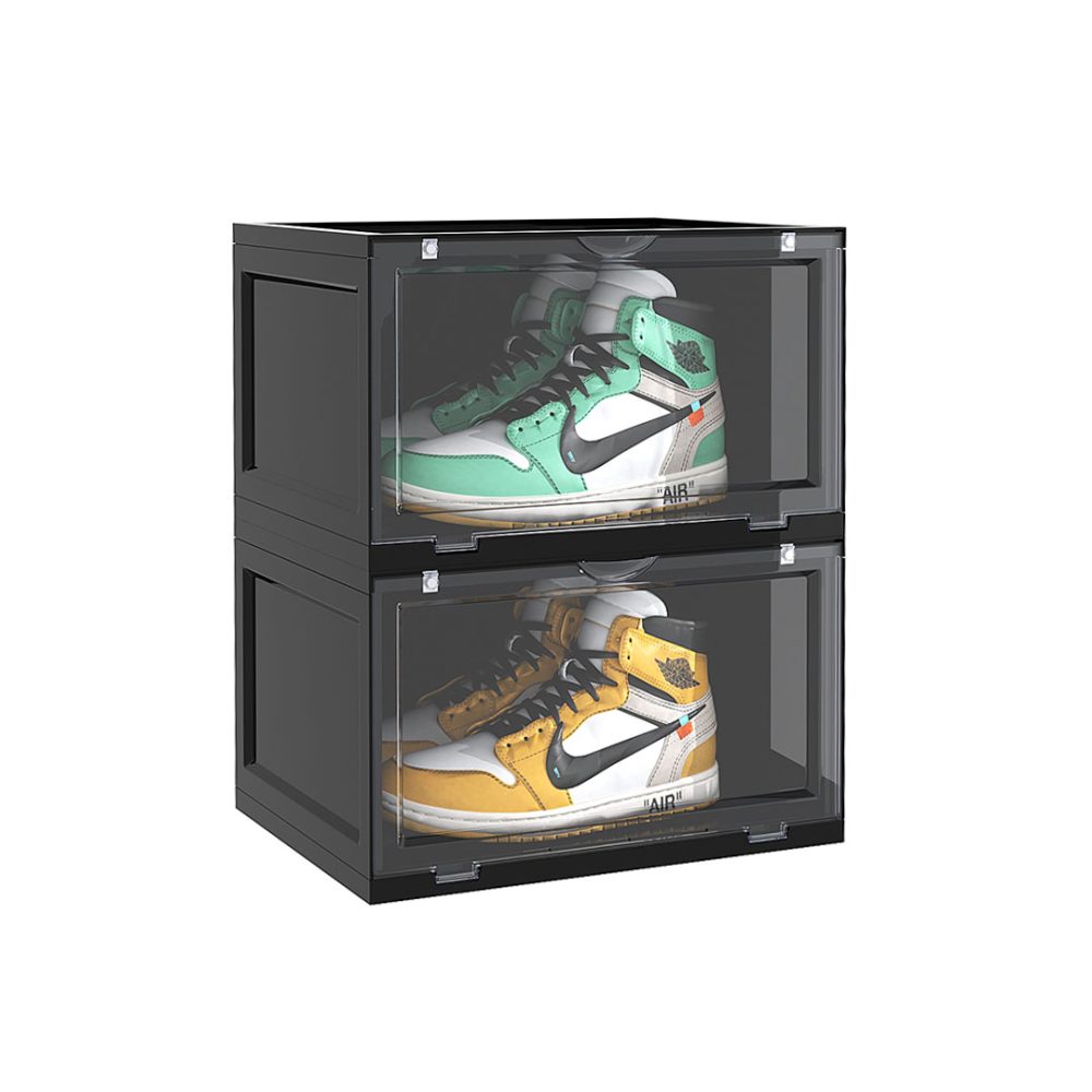1-SOGA 2 Tier Black Portable Shoe Organiser Sneaker Footwear Folding Plastic Bin Stackable Storage Box with Magnetic Door
