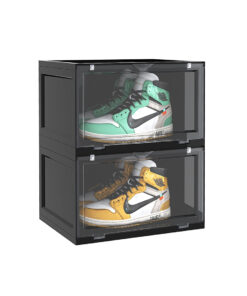 1-SOGA 2 Tier Black Portable Shoe Organiser Sneaker Footwear Folding Plastic Bin Stackable Storage Box with Magnetic Door