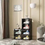3-SOGA 2X 2 Tier Black Portable Shoe Organiser Sneaker Footwear Folding Plastic Bin Stackable Storage Box with Magnetic Door