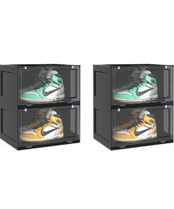 1-SOGA 2X 2 Tier Black Portable Shoe Organiser Sneaker Footwear Folding Plastic Bin Stackable Storage Box with Magnetic Door