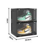 4-SOGA 2X 2 Tier Black Portable Shoe Organiser Sneaker Footwear Folding Plastic Bin Stackable Storage Box with Magnetic Door