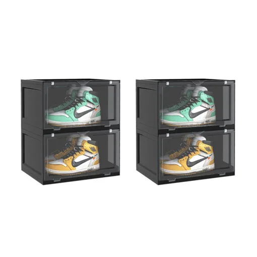 1-SOGA 2X 2 Tier Black Portable Shoe Organiser Sneaker Footwear Folding Plastic Bin Stackable Storage Box with Magnetic Door