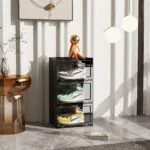 2-SOGA 3 Tier Black Portable Shoe Organiser Sneaker Footwear Folding Plastic Bin Stackable Storage Box with Magnet Doors