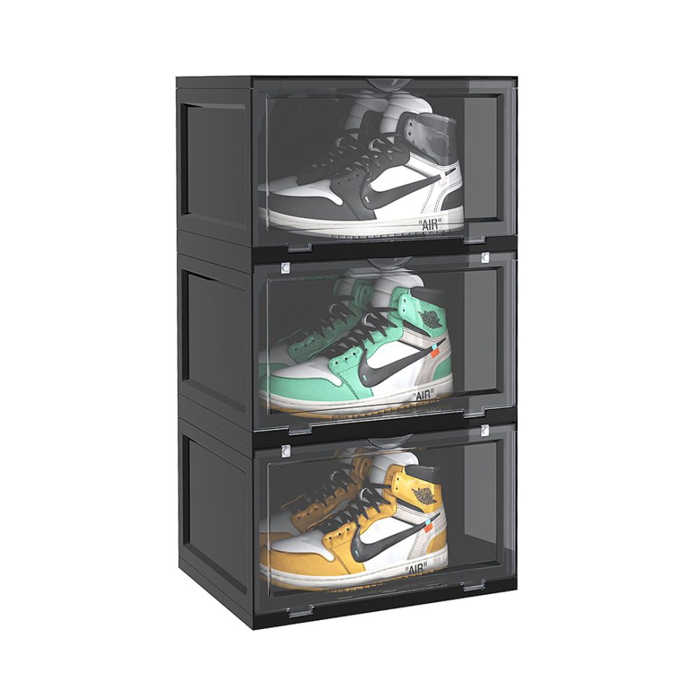1-SOGA 3 Tier Black Portable Shoe Organiser Sneaker Footwear Folding Plastic Bin Stackable Storage Box with Magnet Doors