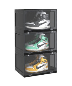 1-SOGA 3 Tier Black Portable Shoe Organiser Sneaker Footwear Folding Plastic Bin Stackable Storage Box with Magnet Doors