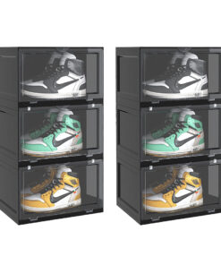 1-SOGA 2X 3 Tier Black Portable Shoe Organiser Sneaker Footwear Folding Plastic Bin Stackable Storage Box with Magnetic Door