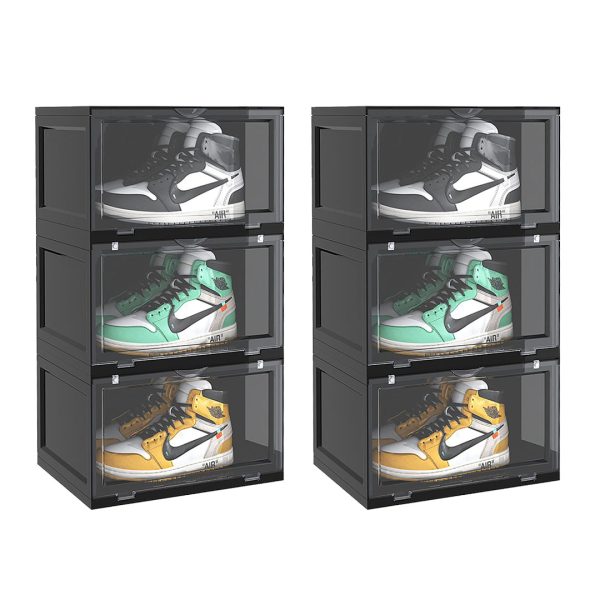 1-SOGA 2X 3 Tier Black Portable Shoe Organiser Sneaker Footwear Folding Plastic Bin Stackable Storage Box with Magnetic Door