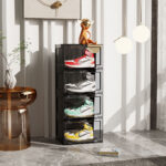 2-SOGA 4 Tier Black Portable Shoe Organiser Sneaker Footwear Folding Plastic Bin Stackable Storage Box with Magnetic Door