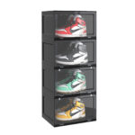 1-SOGA 4 Tier Black Portable Shoe Organiser Sneaker Footwear Folding Plastic Bin Stackable Storage Box with Magnetic Door