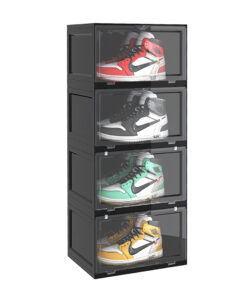 1-SOGA 4 Tier Black Portable Shoe Organiser Sneaker Footwear Folding Plastic Bin Stackable Storage Box with Magnetic Door