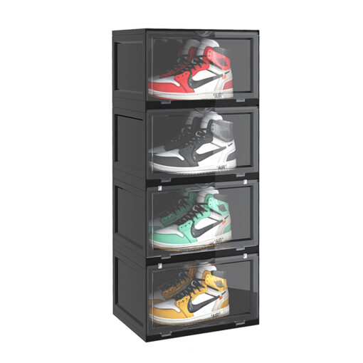 1-SOGA 4 Tier Black Portable Shoe Organiser Sneaker Footwear Folding Plastic Bin Stackable Storage Box with Magnetic Door