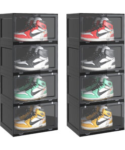1-SOGA 2X 4 Tier Black Portable Shoe Organiser Sneaker Footwear Folding Plastic Bin Stackable Storage Box with Magnetic Door