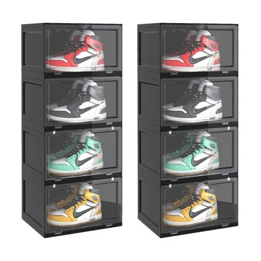 1-SOGA 2X 4 Tier Black Portable Shoe Organiser Sneaker Footwear Folding Plastic Bin Stackable Storage Box with Magnetic Door