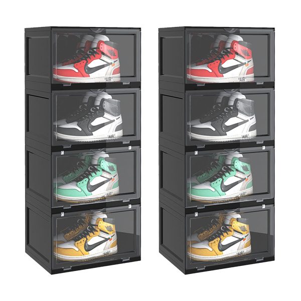 1-SOGA 2X 4 Tier Black Portable Shoe Organiser Sneaker Footwear Folding Plastic Bin Stackable Storage Box with Magnetic Door