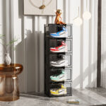 2-SOGA 5 Tier Black Portable Shoe Organiser Sneaker Footwear Folding Plastic Bin Stackable Storage Box with Magnetic Door
