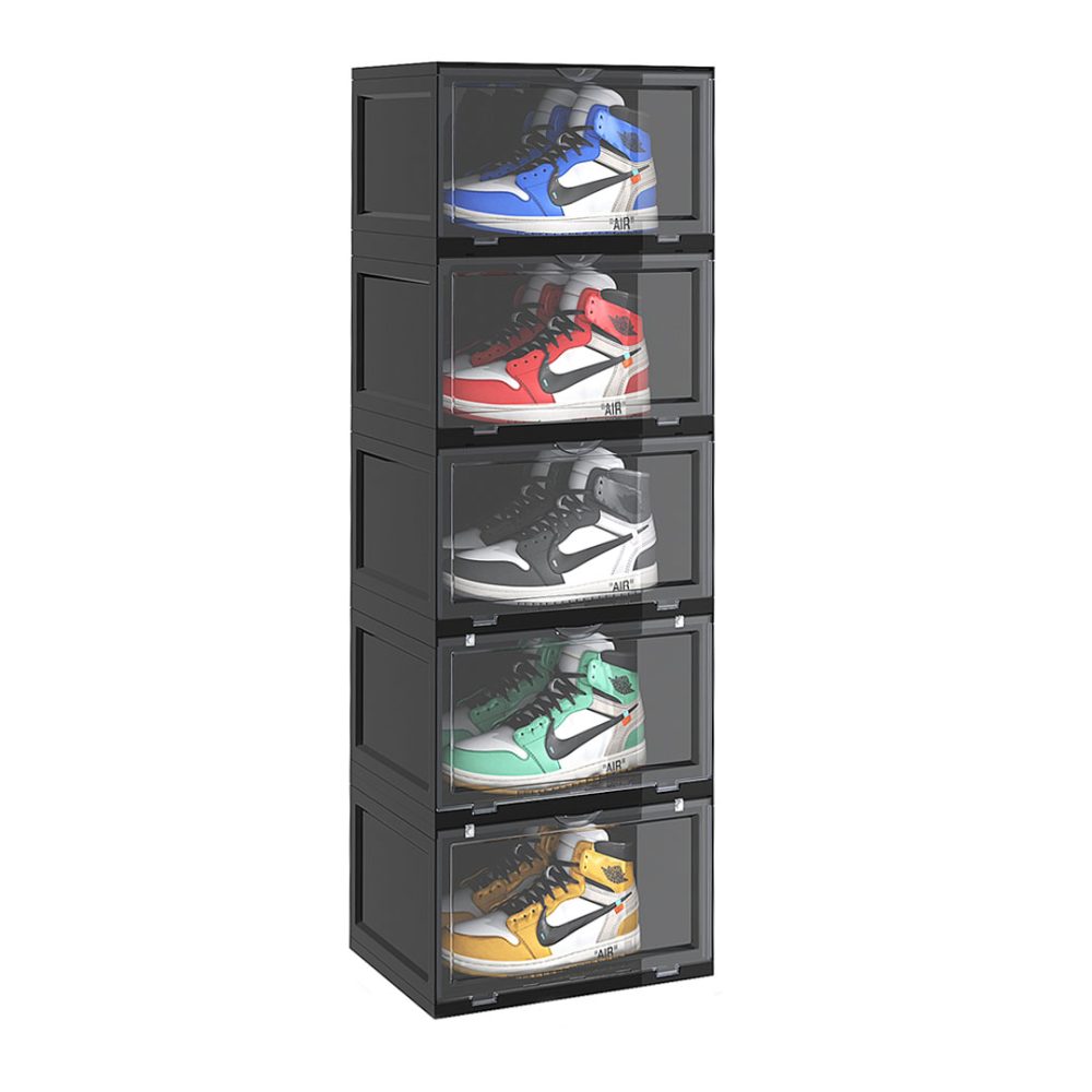 1-SOGA 5 Tier Black Portable Shoe Organiser Sneaker Footwear Folding Plastic Bin Stackable Storage Box with Magnetic Door