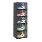 1-SOGA 5 Tier Black Portable Shoe Organiser Sneaker Footwear Folding Plastic Bin Stackable Storage Box with Magnetic Door