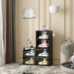 3-SOGA 5 Tier Black Portable Shoe Organiser Sneaker Footwear Folding Plastic Bin Stackable Storage Box with Magnetic Door