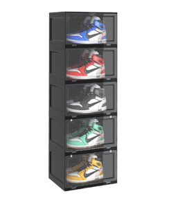 1-SOGA 5 Tier Black Portable Shoe Organiser Sneaker Footwear Folding Plastic Bin Stackable Storage Box with Magnetic Door