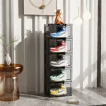 2-SOGA 2X 5 Tier Black Portable Shoe Organiser Sneaker Footwear Folding Plastic Bin Stackable Storage Box with Magnetic Door