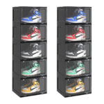 1-SOGA 2X 5 Tier Black Portable Shoe Organiser Sneaker Footwear Folding Plastic Bin Stackable Storage Box with Magnetic Door