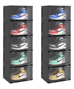 1-SOGA 2X 5 Tier Black Portable Shoe Organiser Sneaker Footwear Folding Plastic Bin Stackable Storage Box with Magnetic Door