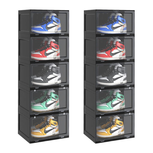 1-SOGA 2X 5 Tier Black Portable Shoe Organiser Sneaker Footwear Folding Plastic Bin Stackable Storage Box with Magnetic Door