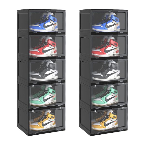 1-SOGA 2X 5 Tier Black Portable Shoe Organiser Sneaker Footwear Folding Plastic Bin Stackable Storage Box with Magnetic Door