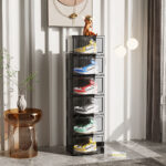 2-SOGA 6 Tier Black Portable Shoe Organiser Sneaker Footwear Folding Plastic Bin Stackable Storage Box with Magnetic Door