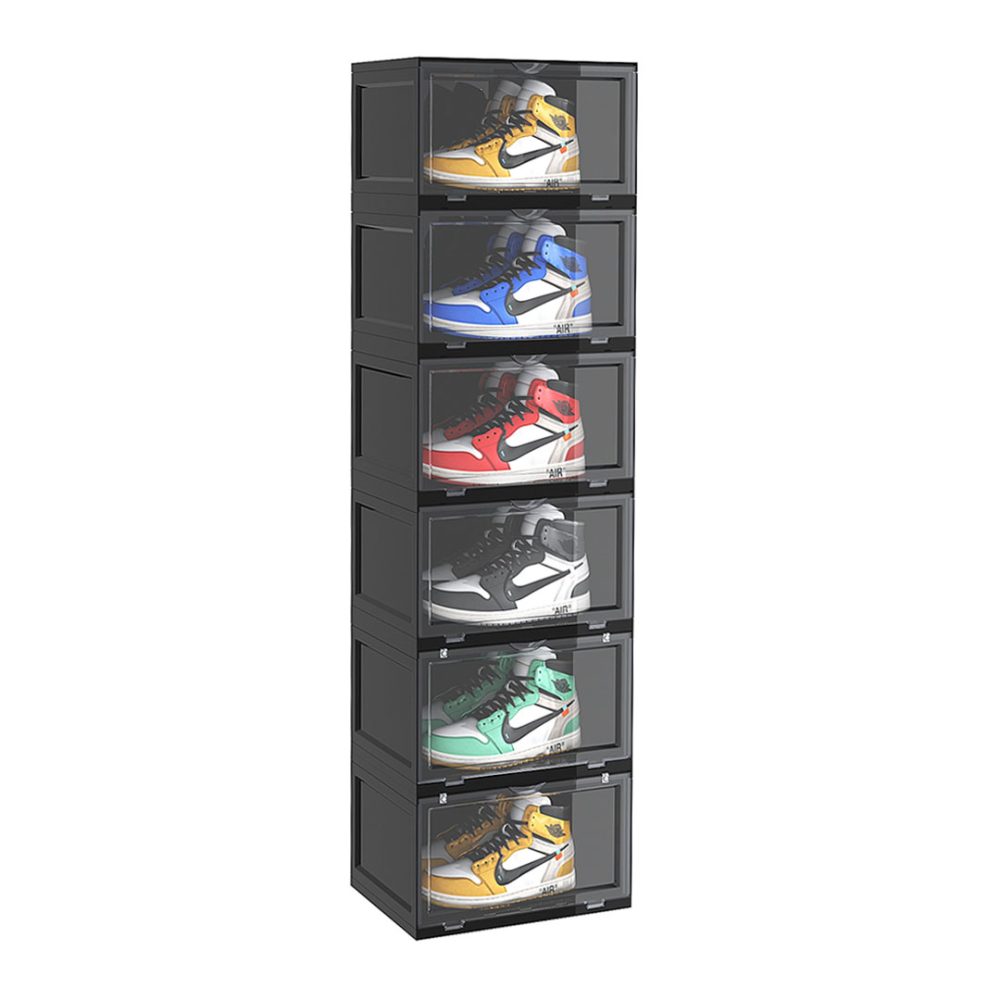 1-SOGA 6 Tier Black Portable Shoe Organiser Sneaker Footwear Folding Plastic Bin Stackable Storage Box with Magnetic Door