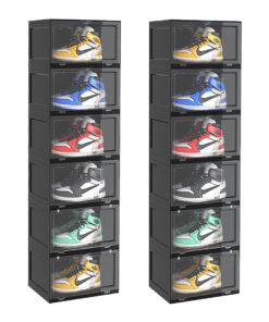 1-SOGA 2X 6 Tier Black Portable Shoe Organiser Sneaker Footwear Folding Plastic Bin Stackable Storage Box with Magnetic Door