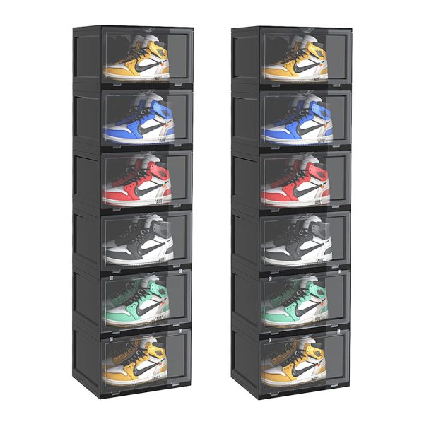 1-SOGA 2X 6 Tier Black Portable Shoe Organiser Sneaker Footwear Folding Plastic Bin Stackable Storage Box with Magnetic Door