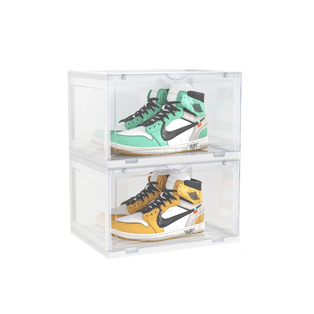 1-SOGA 2 Tier Transparent Portable Shoe Organiser Sneaker Footwear Folding Plastic Bin Stackable Storage Box with Magnetic Door
